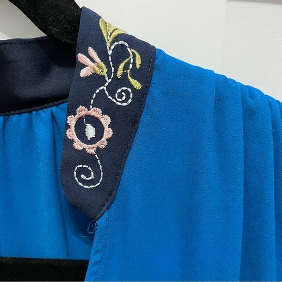 Anthropologie Embroidered Ruffle High Collar Top Royal Blue Sz. 8 - Picture 2 of 6